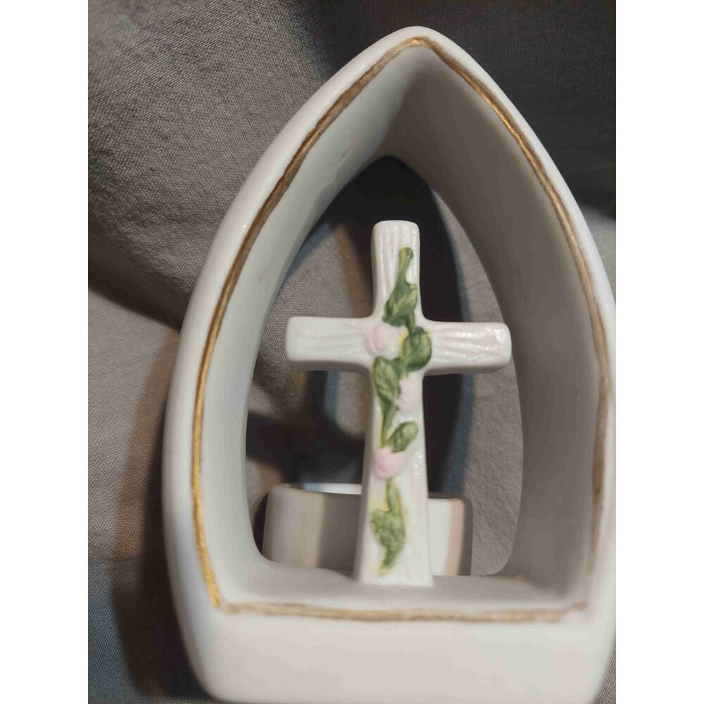 Vintage White Ceramic Cross Candle Holder